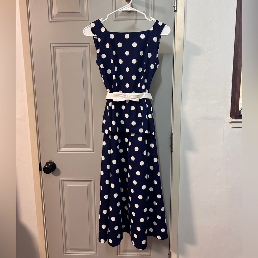 Petite Lanz - Navy Blue Polka Dot Dress with White Belt